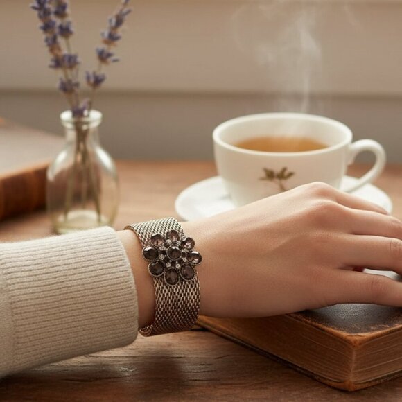 Monet Signed Vintage Goldtone Bracelet Purple Orange Bead Cuff - Picture 1 of 7